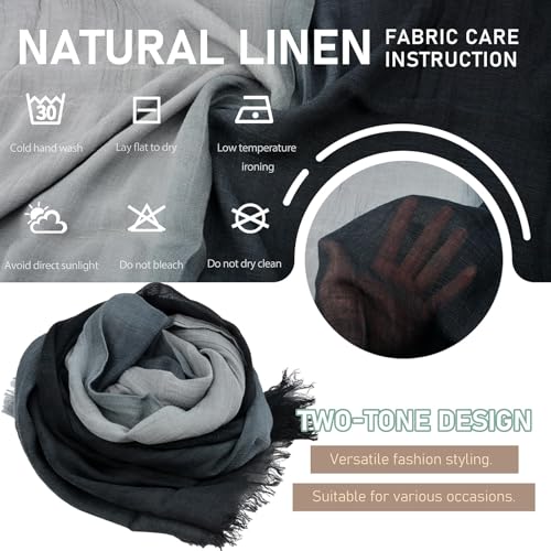 Two-tone Linen Scarf for Women Lightweight Summer Wrap Cotton Shawl Beach Travel Pashmina Gauze 75"×35" - color: Light Grey/Black