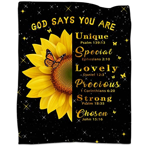 Christian Gifts for Women, Religious Gifts for Female, Christian Blankets for Women Faith, Sunflower Throw Bible God Says You are Gift on Birthday Christmas 50” x 60” - color: Sunflower-god Says You Are, size: 50 inches x 60 inches