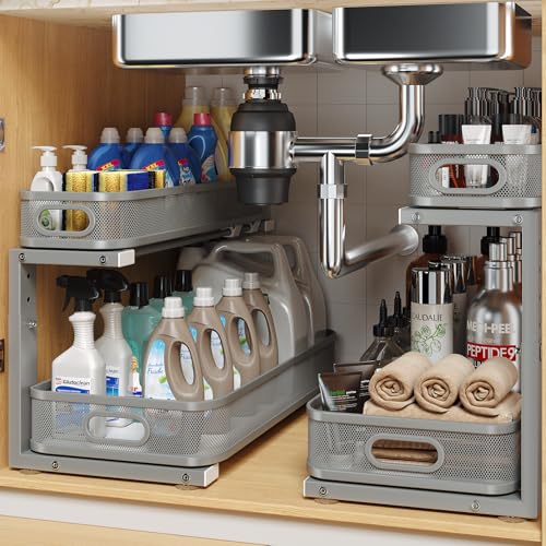 2 Pack 19.3IN-Depth Under Sink Organizer with Smooth Cylindrical Rail,2-Tier Pull Out Multi-Purpose Cabinet Storage for Bathroom&Kitchen,Height Adjustable,Rust-Resistant Coating-Gun Gray - color: Gun Gray, size: 2 Pack-19.3"Dx11"-16.14"H