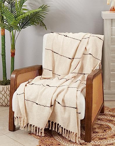 SARO LIFESTYLE Woven Bliss Textured Stripe Fringe Throw Blanket