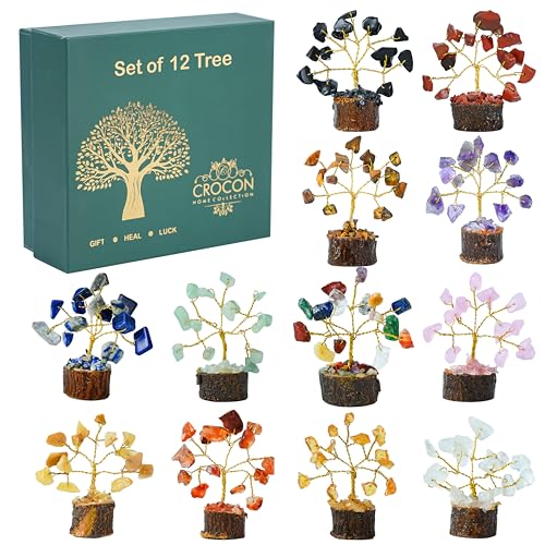 Crocon® Crystal Tree Set of 12 Mini Unique Birthday Gifts for Women, Sister, Mom, Home Office Decor, Shelf Desk Decoration for Positive Energy, Bring Good Luck, Money, Chakra Tree of Life Gift Sets - color: 003 (Set of 12 ) New