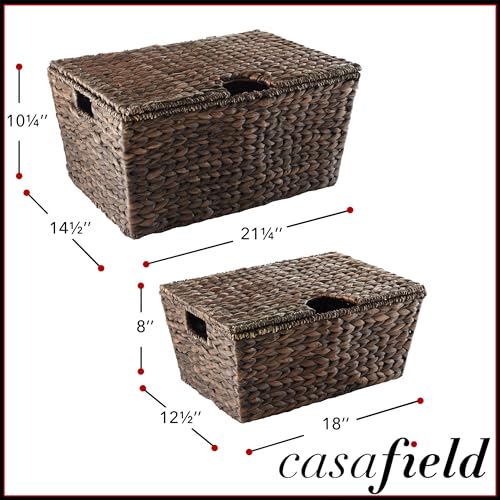 Casafield Set of 2 Water Hyacinth Storage Baskets with Tapered Bottoms and Lids (Medium/Large), Multipurpose Organizers for Bedroom, Bathroom, Laundry, Home Office