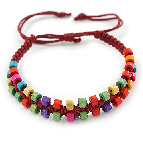 Avalaya Multicoloured Wood Bead Friendship Bracelet With Dark Red Cord - Adjustable