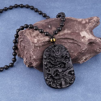 Black Obsidian Necklace Protection Pendant with Extended Bead Chain Healing Crystal Stone Amulet Necklace for Men Women - color: DragonA