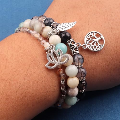 Tree of Life Yoga Healing Stone Bracelets,Multilayer Lotus Chakra Stone Reiki Bracelet Sets,Anxiety Crystal Natural Stone,for Women Stress Relief - style: Black dragon agate + amazonite