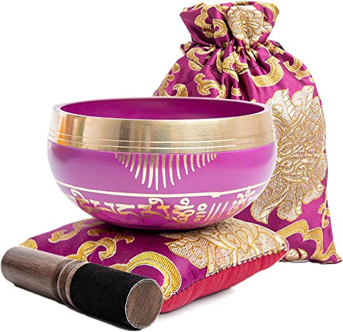 Tibetan Singing Bowl Set - Easy To Play for Beginners - Authentic Handcrafted Mindfulness Meditation Holistic Sound 7 Chakra Healing Gift by Himalayan Bazaar (Orchid)