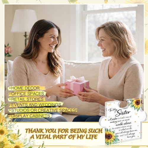 Yookeer Sister Gifts from Sisters, Unique Sister Birthday Acrylic Puzzle Shaped Plaque Sunflower Desk Decorations and Card Present for Big Sisters Mothers Day Wedding Graduation Birthday