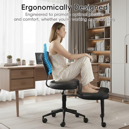 Meditation Chair with Wheels, Ergonomic Criss Cross Chair, Adjustable ADHD Floor Sitting Chair, Swivel Cross Legged Office Chair with High Back, Kneeling Posture Chair, Pu Leathe,Black - color: （pu Leathe）black