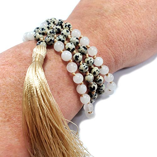 108 Bead Japa Mala Necklace – Dalmatian Jasper & Snow Quartz – Handmade Yoga Meditation Jewelry – Old Gold Silk Tassel – USA Artisan Crafted