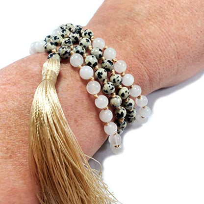 108 Bead Japa Mala Necklace – Dalmatian Jasper & Snow Quartz – Handmade Yoga Meditation Jewelry – Old Gold Silk Tassel – USA Artisan Crafted