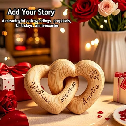 Custom Engraved Interlocking Wooden Hearts with Personalized Names – Romantic Couple Gift for Wedding, Valentine’s Day, 5th Wood Anniversary, Handcrafted Home Decor (Customized)
