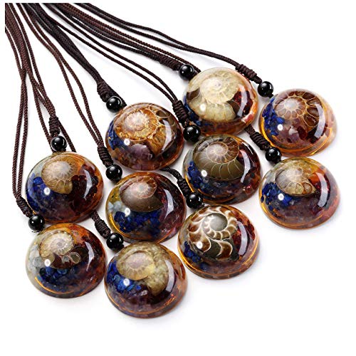 Jovivi 7 Chakra Gemstone Reki Healing Crystal Necklace Round Circle Shape Ammonite Fossil Resin Chip Stones Pendant Necklace for Women Men Life Tree Jewelry Christmas Gifts - color: Ammonite Fossil - 7 Chakra