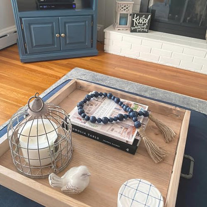 Handcrafted Farmhouse Wooden Decorative Beads Garland, Table Tray Boho Wood Beads with Tassel, Small Rustic Antique Decor for Home and Events (32" Rustic Blue)
