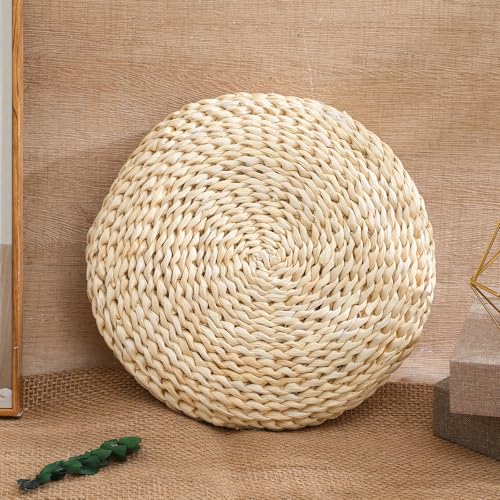 Hand-Woven Straw Weaving Meditation Cushion 30x6cm Space Cotton Filled Yoga Seat Mat for Home and Yoga Practice, Light Brown Natural Fiber Floor Pillow
