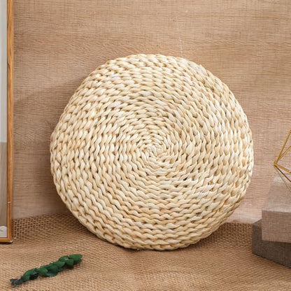 Hand-Woven Straw Weaving Meditation Cushion 30x6cm Space Cotton Filled Yoga Seat Mat for Home and Yoga Practice, Light Brown Natural Fiber Floor Pillow