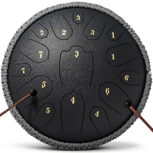 Rain Drum for Outside, 12 Inch 15 Notes Steel Tongue Drum, D Major Percussion Instrument with Soft Bag, Mallets & Music Book, Zen Garden Decor for Meditation, Yoga & Sound Healing (Black) - color: black