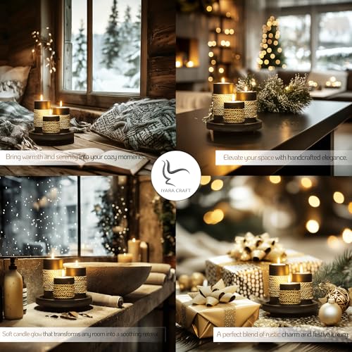 Tealight Candle Holders with Tray – Set of 3 Rustic Black Wooden Candle Holders with Natural Rope Accent, Cozy Centerpiece for Romantic Dinner Table Decor, Anniversary & Housewarming Gifts