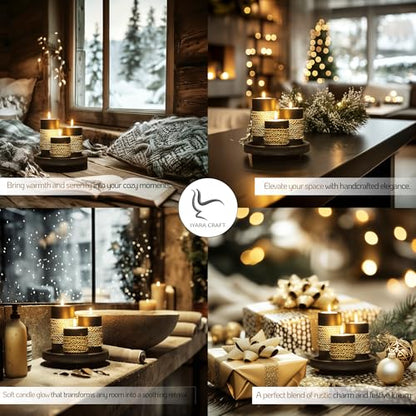 Tealight Candle Holders with Tray – Set of 3 Rustic Black Wooden Candle Holders with Natural Rope Accent, Cozy Centerpiece for Romantic Dinner Table Decor, Anniversary & Housewarming Gifts