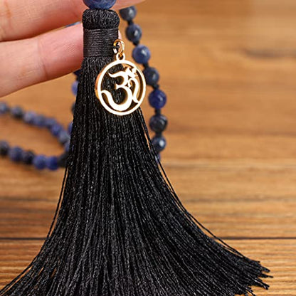 COAI OM Charm Hand Knotted Tassel 108 Mala Beads Necklace - color: Faceted Sodalite, size: 8mm