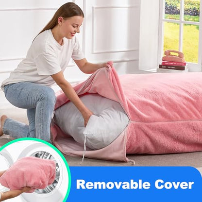 Hobestluk 3 in 1 Bean Bag Chair Giant Bean Bag Chairs for Adults with Chevron Plush Fur Cover Convertible Bean Bag Floor Cushion with Machine Washable Cover for Living Room (Plush Pink) - color: Hot Pink