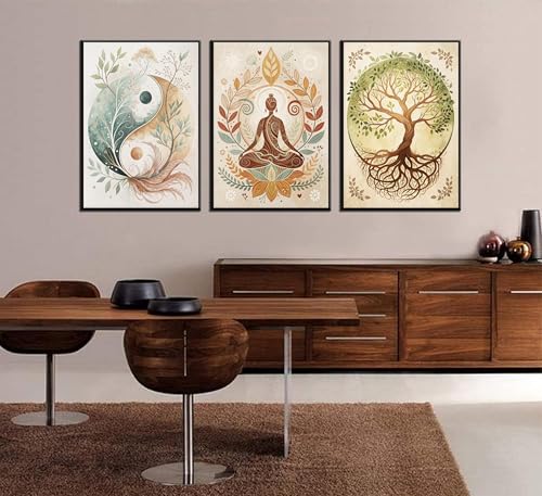 3 Pcs Tree of Life Canvas Wall Art Lotus Zen Painting Pictures Wall Decor Yin Yang Taichi Spiritual Prints Posters for Living Room Yoga Room Hotel Bedroom Home Decor 16x24in Unframed - size: 24L"×16W" poster