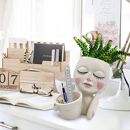 Face Plant Pot - Double Flower Pots for Indoor Outdoor Plants Resin Head Planter with Drainage Hole Cute Lady Face Plant Pots, Garden Decoration Planters, Medium - size: Medium, style: White - 2 in 1