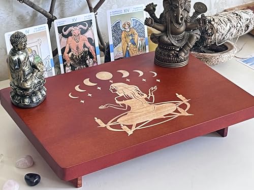 Altar Table, Meditation Table, Small Altar Table, Wooden Witch Altar, Wiccan Alter Table, Buddhist Shrine, Engraved Witch Pentacle with Surrounding Candles on Table Top, 12 × 8 inches - color: Pentacle Witch