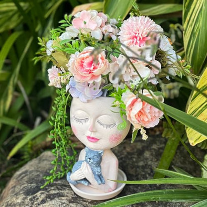 Face Plant Pots Head Planters - Face Flower Pot Head Planter with Cat, Succulent Pots with Drainage Hole, Resin Lady Planter for Indoor Outdoor, Home Decor, Mother's Day/Women Gifts - size: Medium, style: Girl Hugs Cat
