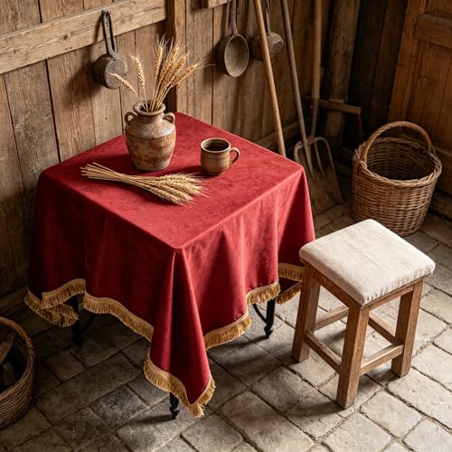 Velvet Tablecloth Luxurious Red Rectangle Table Tablecloth Thickset with Luxurious Gold Tassels Table Cloth for Home Decor Christmas Wedding, Party, Banquet and Events 36X36inch