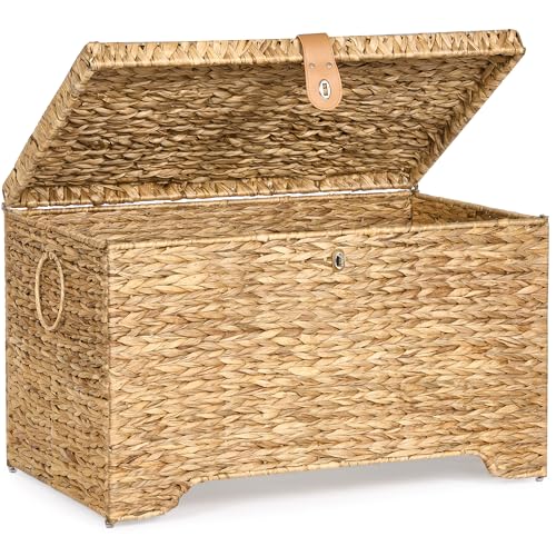 Handwoven Storage Basket with Lid, 165L Wicker Storage Bin, Natural Water Hyacinth, Leather Buckle & Metal Frame, Metal Ring Handles for Easy Transport, Storage Chest & Trunk for Bedroom, Living Room - color: Natural Water Hyacinth, size: 165L-Flat Lid