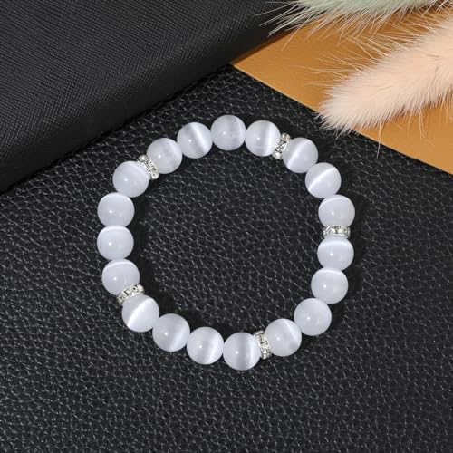 Healing Bracelet For Women Anxiety Crystal Bracelet Chakra Beaded Bracelets Rose Quartz Crystals And Healing Stones Yoga Bead Bracelet Calming Stretch Bracelet Stress Relief Gifts For Women - color: White-Cat Eye