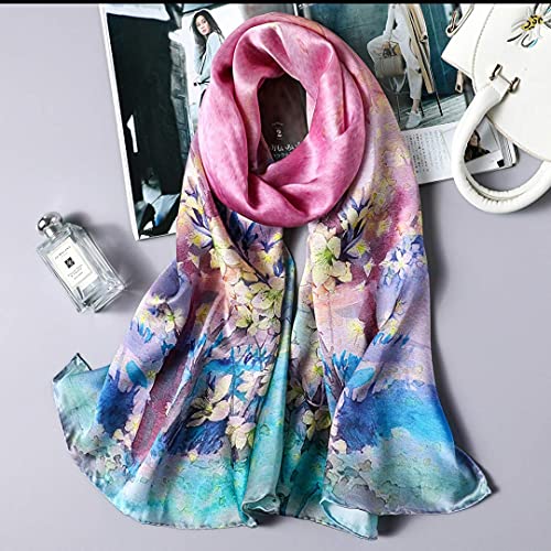 100% Mulberry Silk Long Scarf for Women Large Shawls for Headscarf and Neck- Oblong Hair Wraps with Gift Packed - color: Pink&yellow Blossoms
