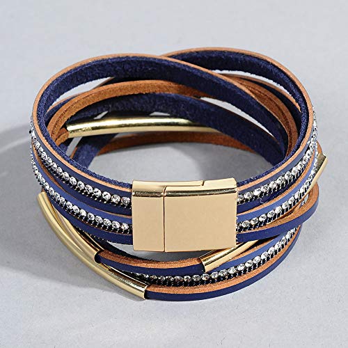 Artilady Leather Wrap Bracelets for Women - Pearl Bracelets Handmade Clasp Bangle Bracelet with Beads Jewelry Gift for Women and Mother - style: Blue with Gold bar