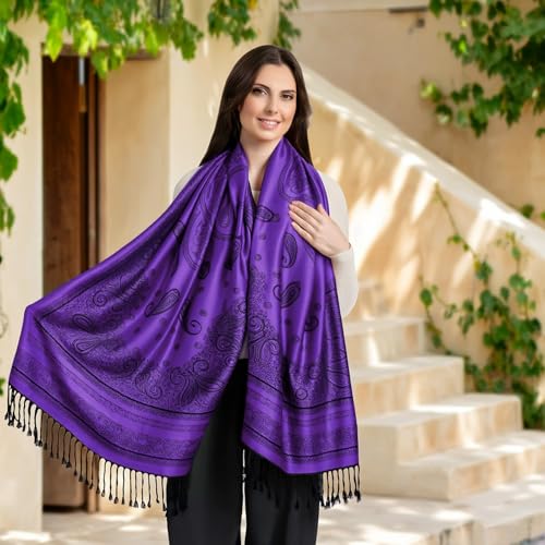Ciormis Two Tone Silky Paisley Pashmina Shawl Scarf,Soft Women's Rave Jacquard Pashminas Wrap Scarves - color: O#.dark Purple Paisley