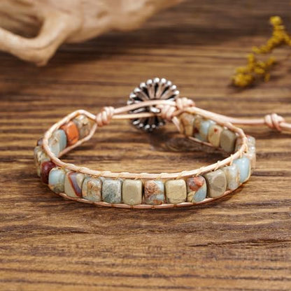 Women Boho Handmade Natural Stone Crystal Leather Bead Wrap Bracelets Collection - style: Agalmatolite 1W