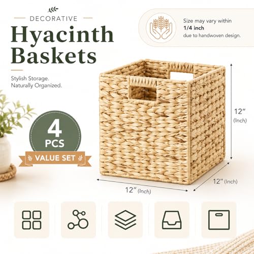 Layhit 4 Pcs Wicker Storage Basket Water Hyacinth Handwoven Baskets with Handles Foldable Woven Organizer Multipurpose Wicker Storage Bins for Bedroom Living Room(12 x 12 x 12'',Natural)