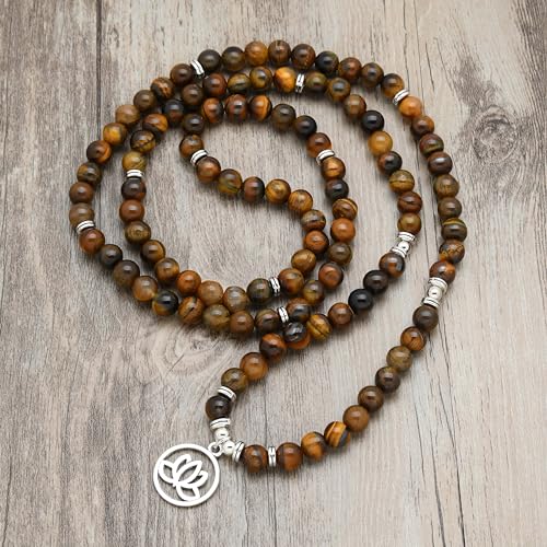 Lotus Flower Gifts Mala Beads 108 Healing Bracelet Necklace Meditation Accessories - style: Brown Tiger Eye