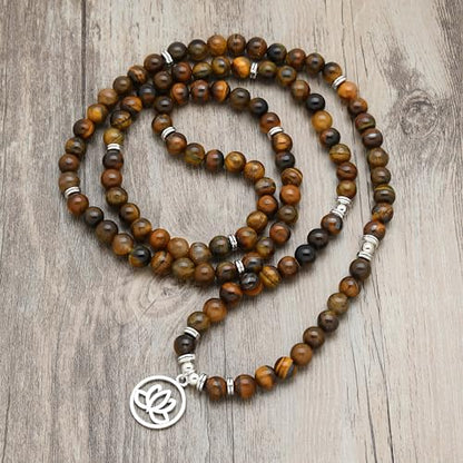 Lotus Flower Gifts Mala Beads 108 Healing Bracelet Necklace Meditation Accessories - style: Brown Tiger Eye