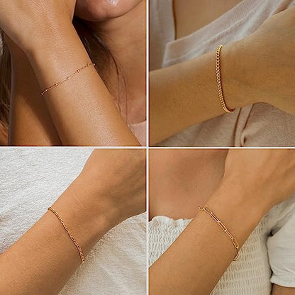 DEARMAY Gold Bracelets for Women Waterproof, 14K Gold Plated Stackable Jewelry Sets Non Tarnish Trendy Thin Dainty Cuban Link Paperclip Chain Bracelet Stack Fashion Accessories Gifts for Womens - style: 5Pcs BRACELET G