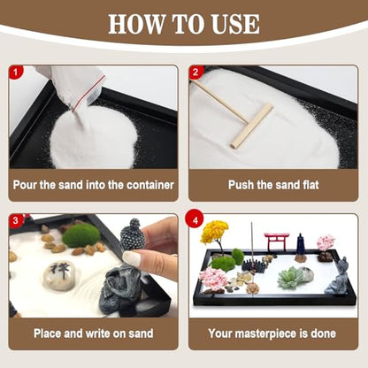 Zen Garden for Desk Decor - Premium Beautiful Japanese Mini Zen Sand Garden Kit Box for Home, Office Desk with Black Wooden Tray, White Sand, Tools, Red Gate, Buddha - Desktop Set