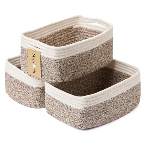 MiniArk Small Storage Baskets for Organizing | Closet Organizer Bins | Shelf Toy Basket | Woven Rope Baskets | Cube Decorative Box | Shallow Basket | 13x8.5x5.1” | 3 Packs White Brown - color: Off White/Brown, size: 3pcs-L13xW8.5xH5.1"