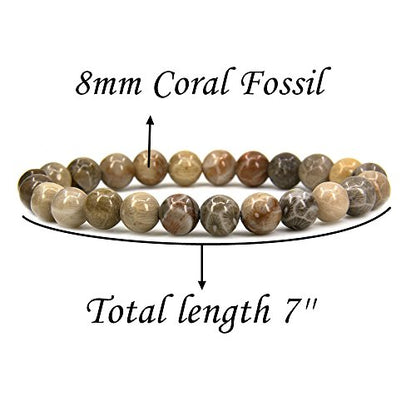 Amandastone Natural Gemstone 8mm Round Beads Stretch Bracelet 7 Inch - color: Coral Fossil