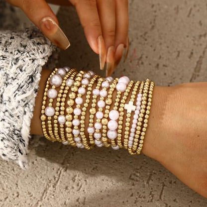 16 PCS Gold Bead Pearl Bracelet for Women, Gold Plated Beaded Strand Bead Ball Bracelets stack Adjustable Jewelry Set for Gifts - color: 01-GOLD