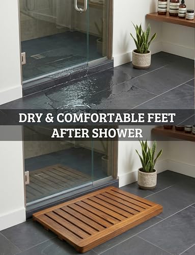 Acacia Wood Shower Mat 24x18 Inches by Demigo, Luxury Bath Mat Non Slip for Bathroom Bathtub Shower Spa Garden Home, Wooden Floor Mat Square Large for Outdoor and Indoor - size: 24" x 18" (Rectangular)