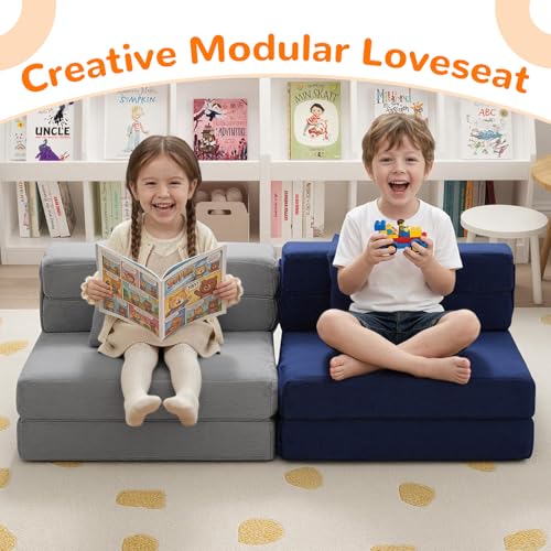 MeMoreCool Foldable Futon Chair Bed for Kids, Toddler Sofa Mattress, Convertible Foam Floor Couch, Tri-fold Sleeping Mattress (Navy) - color: Navy