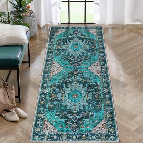 Ciicool Boho Washable 2x6 Runner Rugs,Hallway Kitchen Bedroom Beside Laundry Room Bathroom Rug, Pet & Kids Friendly, Non Slip Low Pile Stain Resistant Soft Foldable Floor Carpet - color: Teal/Multi, size: 2' X 6' (Runner)