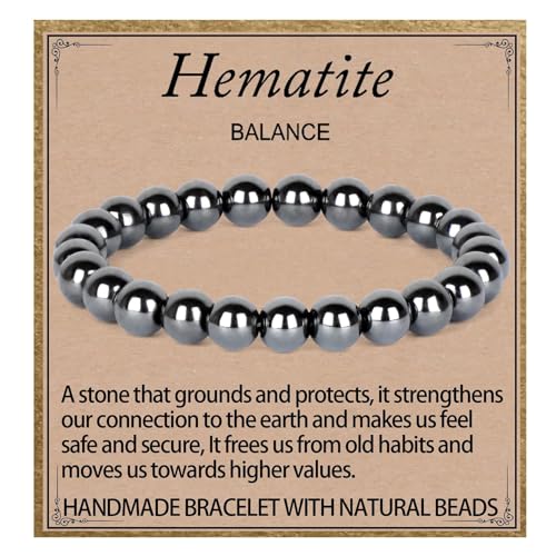 LPBeads Handmade Natural Gemstone Stretch Elastic Bracelet Healing Crystal Round Stone Beads Jewelry Gifts for Women Men - color: Hematite, size: 8mm