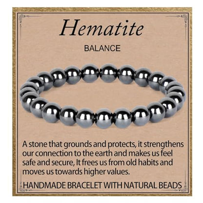 LPBeads Handmade Natural Gemstone Stretch Elastic Bracelet Healing Crystal Round Stone Beads Jewelry Gifts for Women Men - color: Hematite, size: 8mm