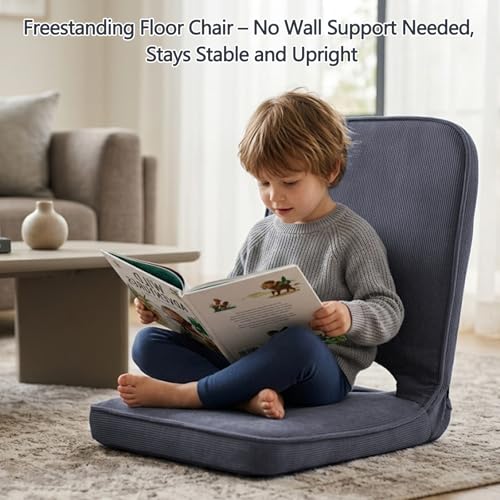 Floor Chair with Adjustable Back Support, Foldable Padded Gaming Floor Seat for Adults & Kids, Multi-Position Meditation Chair with Corduroy Cover for Reading, Gaming & Watching TV (Grey)
