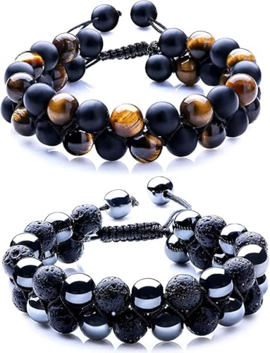 WFJ Black Obsidian Hematite Triple Protection Bracelets Set - Tiger Eye Beaded Natural Stone Bracelet for Men Women Gemstone (10MM) - color: 2PCS Double Set